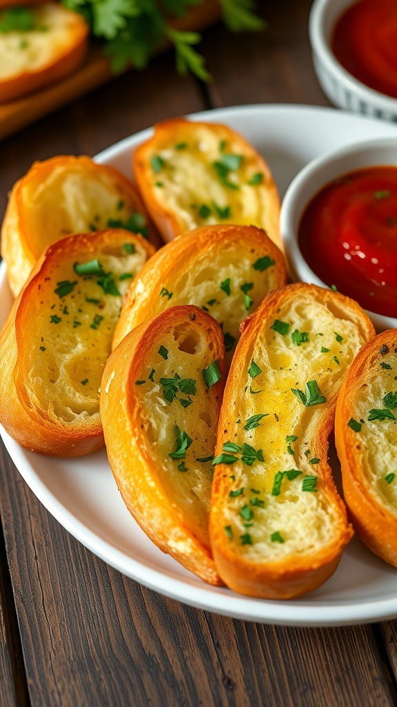 Easy Garlic Bread Toast Recipe Crispy garlic bread toast on a plate, garnished with parsley, served with marinara sauce.
